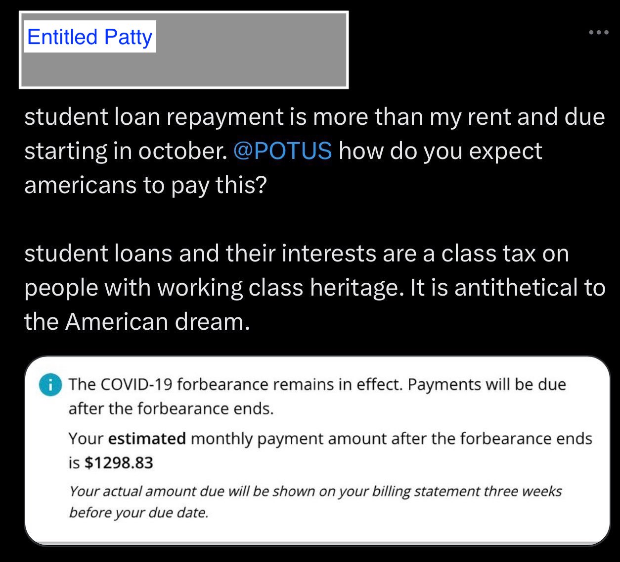 Entitlement Mentality Is A Sneaky Wealth Destroyer - Entitled woman on Twitter complaining about paying back student debt after forbearance, 2023