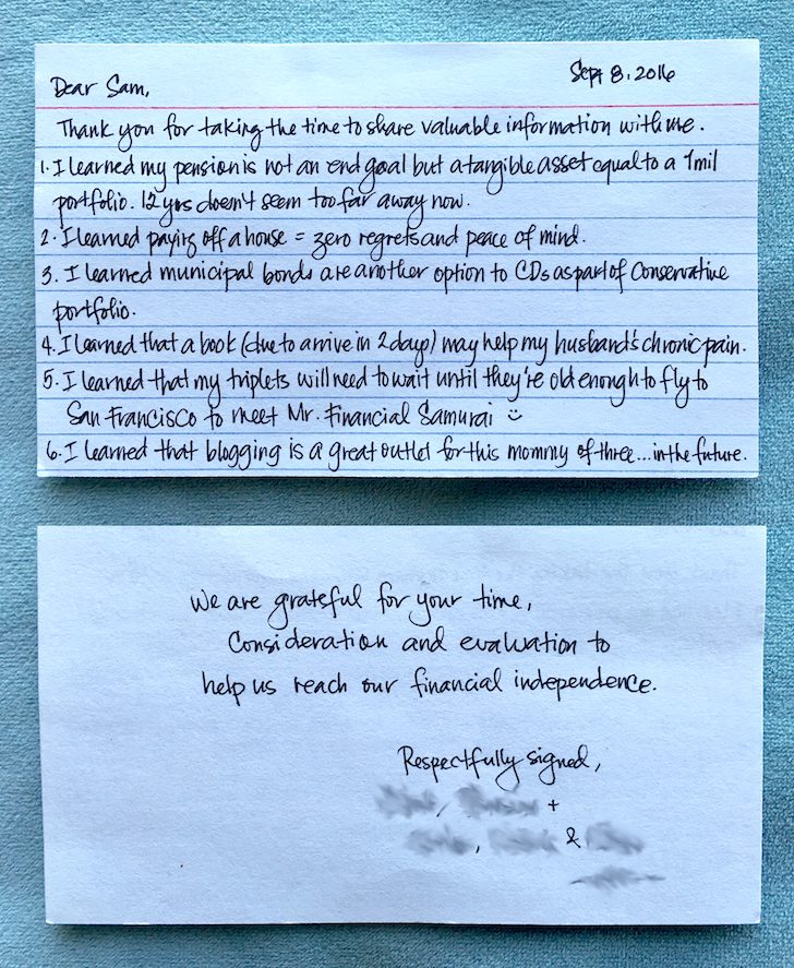 Financial Samurai thank you letter gives me financial security