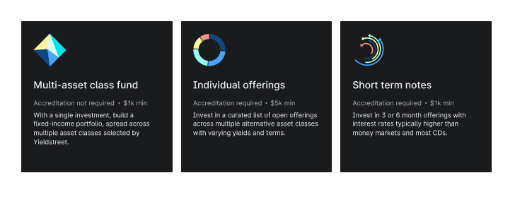 Yieldstreet multi-asset class fund, individual offerings, and short-term notes